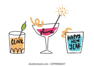 Set of hand drawn alcoholic drinks, cocktails with lettering quotes, sparkler and orange peel slices. Happy New Year celebration, party concept. Isolated vector icons, line art doodles. Flat design. 