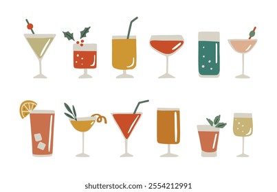 Set of hand drawn alcoholic drinks, cocktails with orange lemon, slices, ice, mint and cherries. Happy New Year celebration, birthday party. Isolated vector icons, flat design illustration. Lemonade.