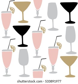 Set of hand drawn alcoholic drinks and cocktails. Seamless pattern. Isolated vector illustrations.