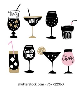 Set of hand drawn alcoholic drinks, cocktails with lettering quotes. Happy New Year celebration concept. Isolated vector icons.