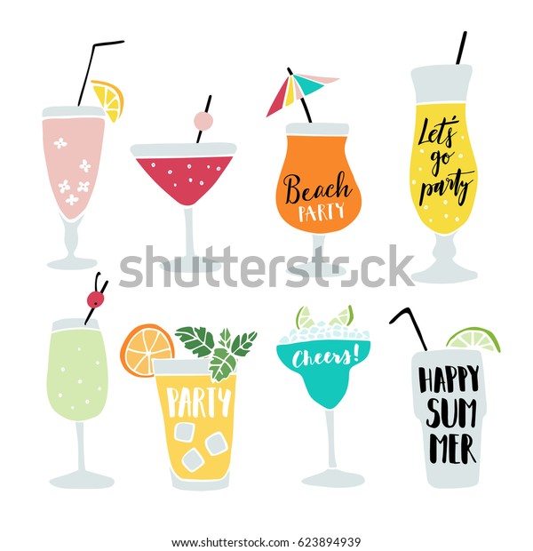 Set of hand drawn alcoholic drinks, cocktails with\
lettering quotes. Summer holiday and beach party concept. Isolated\
vector icons.