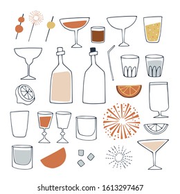 Set of hand drawn alcoholic and non alcoholic drinks, cocktails, wine bottles and drinking glass. Happy New Year, bar and celebration concept. Isolated vector icons.