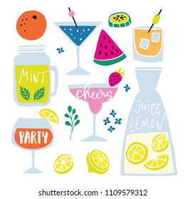 Set of hand drawn alcoholic and soft drinks, cocktails with lettering quotes. Summer holiday and beach party concept. Isolated vector icons.