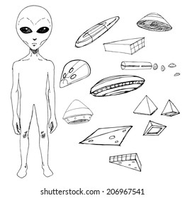 Set of hand drawn alien portrait and UFOs. Vector illustration.