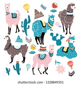 Set of hand drawn alpacas in scandinavian style. Llama illustration with decorative elements. Vector illustration