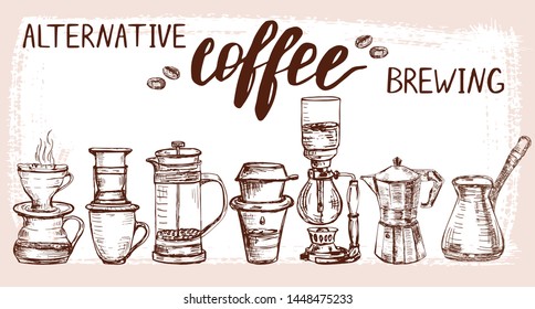 Set of hand drawn alternative coffee brewing items. Aeropress, pour over and other