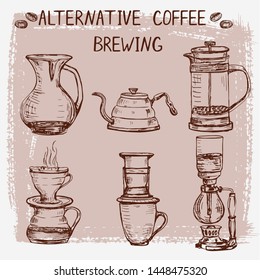 Set of hand drawn alternative coffee brewing items. Aeropress, pour over and other