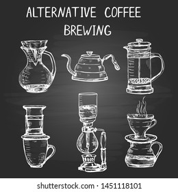 Set of hand drawn alternative coffee brewing items on the chalkboard background