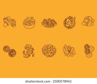 set of hand drawn american appitezers food menu outline icon isolated on background .american food doodle