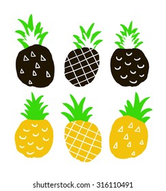 Set of hand drawn ananas. Isolated colorful pinepples on the white background. Coll print in vector.