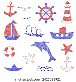 Set of hand drawn anchor, dolphin, ship, lighthouse, sailboat, hand wheel, helm isolated on white background in childrens naive style.