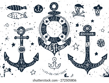 Set of hand drawn anchors with lettering