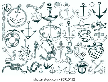 Set of Hand Drawn Anchors on White. Vector