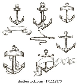 set of hand drawn anchors and ribbons