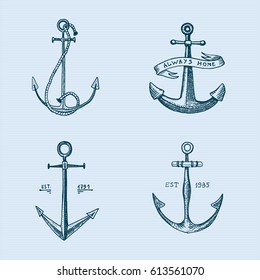 Set of hand drawn anchors, symbol of hope in old tattoo or sketch engraved style, vintage logo set blue colored different versions for marine, aquatic or sea theme.