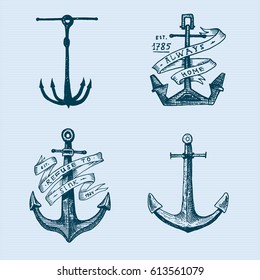 Set of hand drawn anchors, symbol of hope in old tattoo or sketch engraved style, vintage logo set blue colored different versions for marine, aquatic or sea theme.