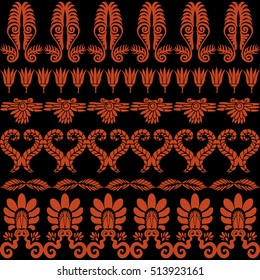 Set of hand drawn ancient Egyptian, Greek and Roman ornaments. Abstract vector borders with floral and geometrical motifs. Palmette, acanthus, lotus flowers. Terracotta red on black.