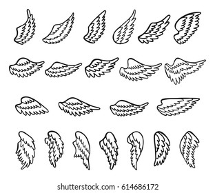 Set of hand drawn angel or bird wings. Monochrome drawing elements isolated on white background. Vector illustration.