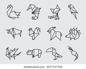 set of hand drawn animal origami shape icon : dragon ,shrimp ,bull,parrot and seahorse