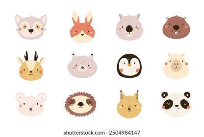 Set of hand drawn animal portraits, clip arts. Vector illustration of beaver, sloth, panda, deer, koala