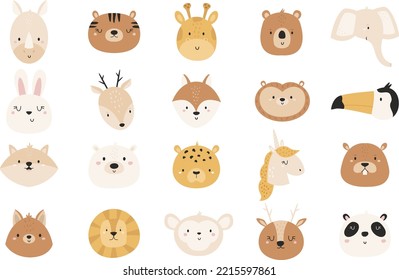 Handgezeichnete Tierbären, Kaninchen, Einhorn, Bären, Löwen, Affen, Geparden