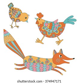 Set of hand drawn animals: fox, hend and chicken.