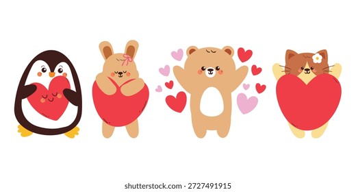 set of hand drawn animals with hearts for valentine theme stickers