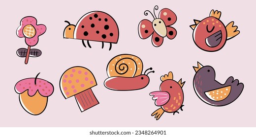 Conjunto de animales dibujados a mano, elementos de diseño de hojas y flores.