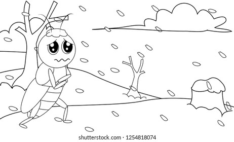 Set of a hand drawn ant, snow and panorama. Scetch in Black outline on white background. Elements for card, banner, pattern, coloring,.