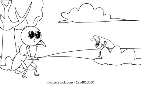 Set of a hand drawn ant, snow and panorama. Scetch in Black outline on white background. Elements for card, banner, pattern, coloring,.
