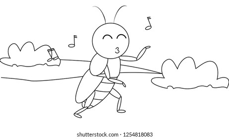 Set of a hand drawn ant, snow and panorama. Scetch in Black outline on white background. Elements for card, banner, pattern, coloring,.