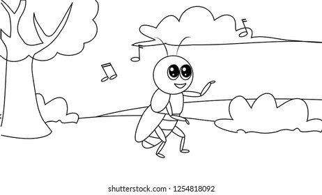 Set of a hand drawn ant, snow and panorama. Scetch in Black outline on white background. Elements for card, banner, pattern, coloring,.