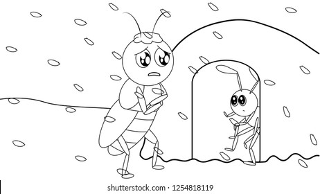 Set of a hand drawn ant, snow and panorama. Scetch in Black outline on white background. Elements for card, banner, pattern, coloring,.