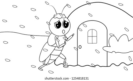 Set of a hand drawn ant, snow and panorama. Scetch in Black outline on white background. Elements for card, banner, pattern, coloring,.