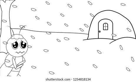 Set of a hand drawn ant, snow and panorama. Scetch in Black outline on white background. Elements for card, banner, pattern, coloring,.