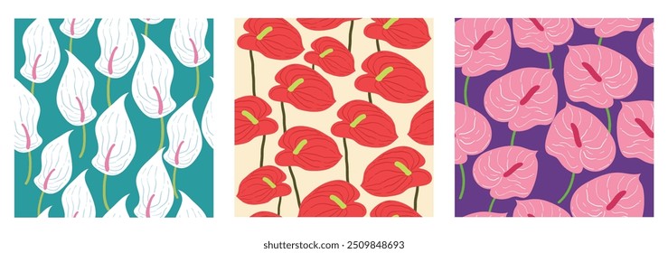 Set of hand drawn anthurium seamless patterns with flowers, for fabric, textile, apparel, posters, covers, banners, wall art, home decor, abstract backgrounds.