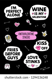 Set of hand drawn anti valentines funny stickers. Concept of being single and happy - Vector