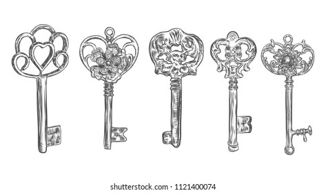 Set of hand drawn antique keys. Sketch style of vintage key on white background. Old design illustration. Vector.