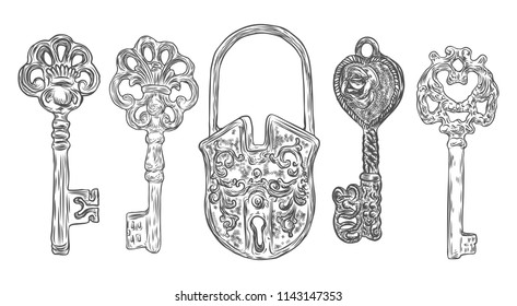 Set of hand drawn antique keys. Sketch style of vintage key on white background. Old design illustration. Vector.