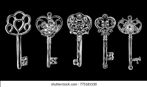 Set of hand drawn antique keys. Sketch style of vintage key on black background. Old design illustration. Vector.