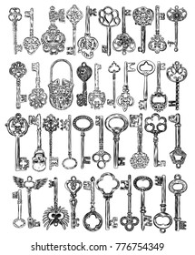 Conjunto de llaves antiguas dibujadas a mano. Estilo del bosquejo de la llave vintage en el fondo blanco. Ilustración de diseño antiguo. Vector.