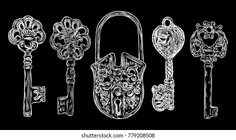 Set of hand drawn antique keys. Sketch style of vintage key on black background. Old design illustration. Vector.