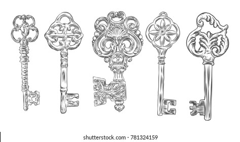 Set of hand drawn antique keys. Sketch style of vintage key on white background. Old design illustration. Vector.