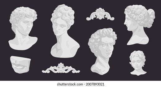 Set of hand drawn antique marble heads and boarders isolated on black background. Vector illustraton