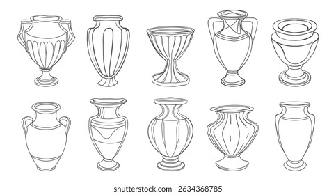 Conjunto de vasos antigos desenhados à mão e ânforas. Conjunto de ícones de vaso de cerâmica. Ilustração do esboço do esboço.