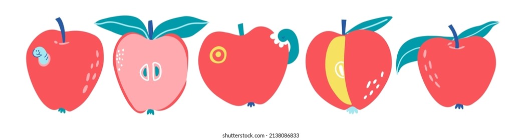 set with hand drawn apples in flat style. vector illustration.