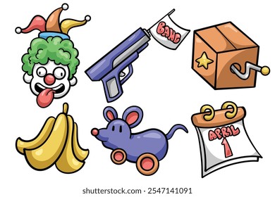 Conjunto de elemento de dibujos animados del día de los tontos de abril dibujado a mano. colección de comodín, pistola de broma, caja sorpresa, plátano, mouse, calendario Vector aislado