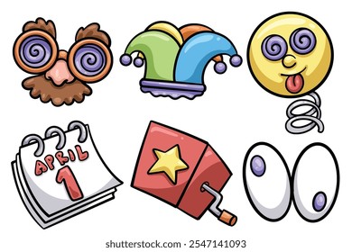 Set of Hand drawn april fools day cartoon element. collection of mask, jester hat, smile face, calender, surprise box, eyes Isolated Vector