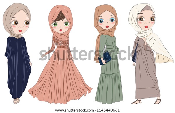 白い背景にヒジャブとニカブに手描きのアラビア人女性のセット 伝統的なイスラム教徒のヒジャブの漫画のキャラクター ニカブ式のイスラム女性 のベクター画像素材 ロイヤリティフリー