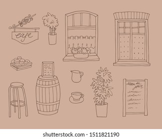 Set of hand drawn architectural details of Bruges town. Lettering in french - Menu du jour (Menu of the day)